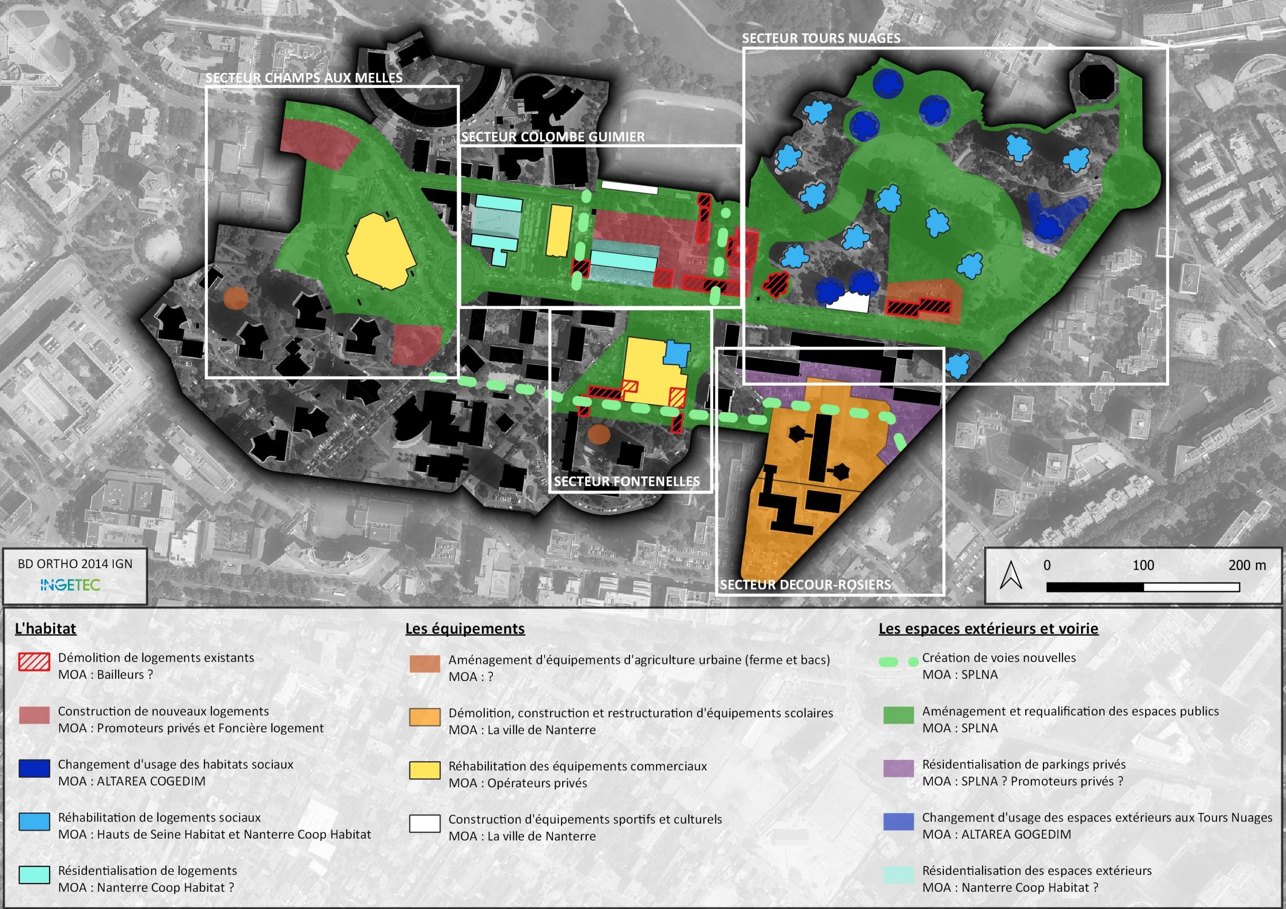 Plan d'aménagement détaillant les secteurs de Nanterre, incluant des espaces verts, des zones résidentielles, et des infrastructures publiques, avec légendes des équipements et usages prévus