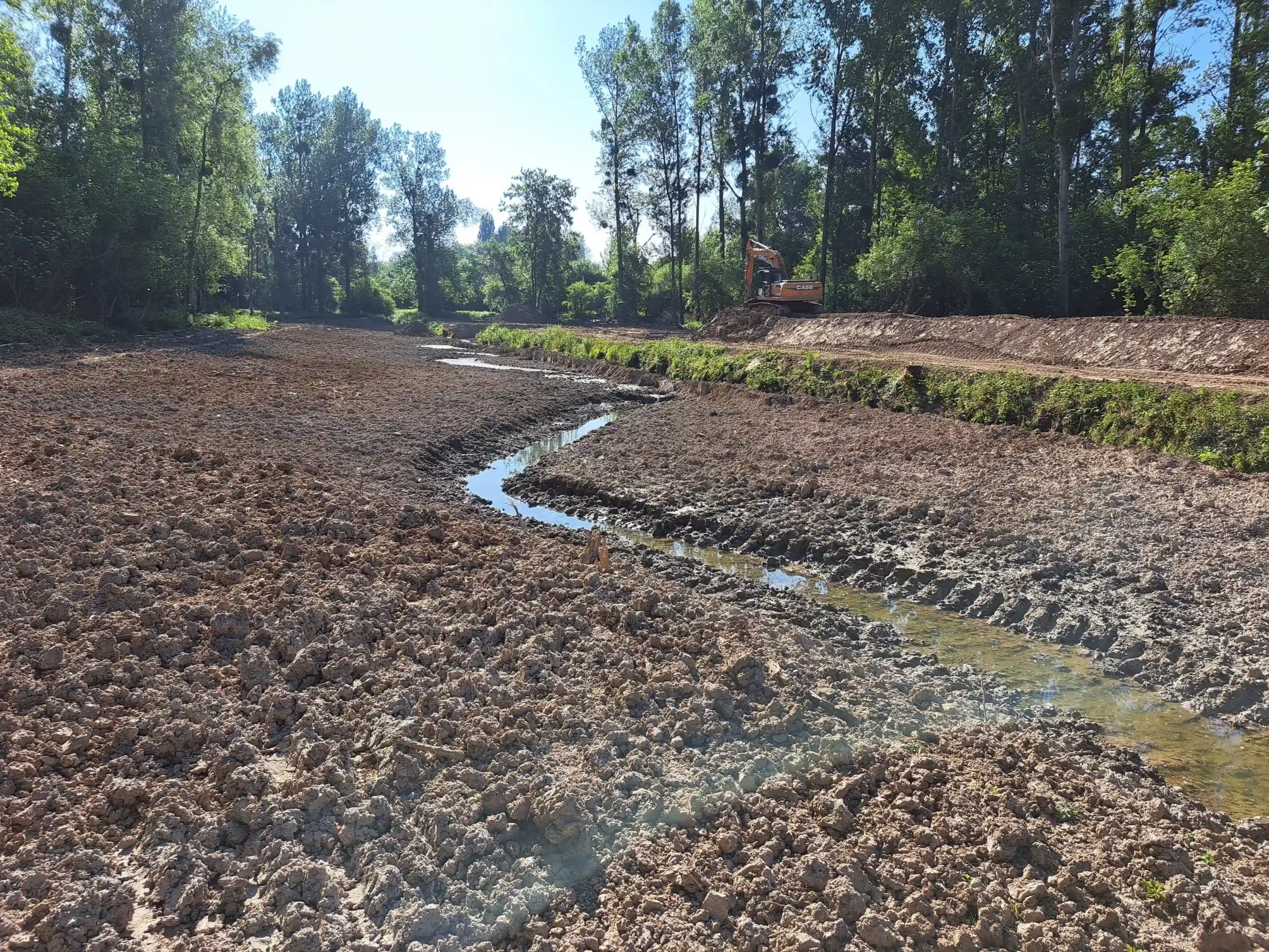 Travaux de restauration d’un cours d’eau en milieu forestier, avec un lit de ru reméandré et une pelleteuse visible à l’arrière-plan sur une berge ensoleillée