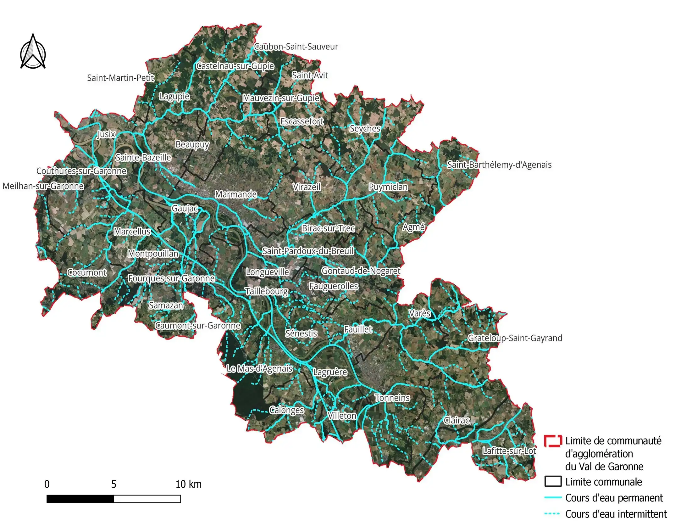 Carte géographique du Val de Garonne avec les limites de la communauté d'agglomération en rouge, les limites communales en noir et des cours d'eau permanents et intermittents marqués en bleu sur un fond de paysage rural