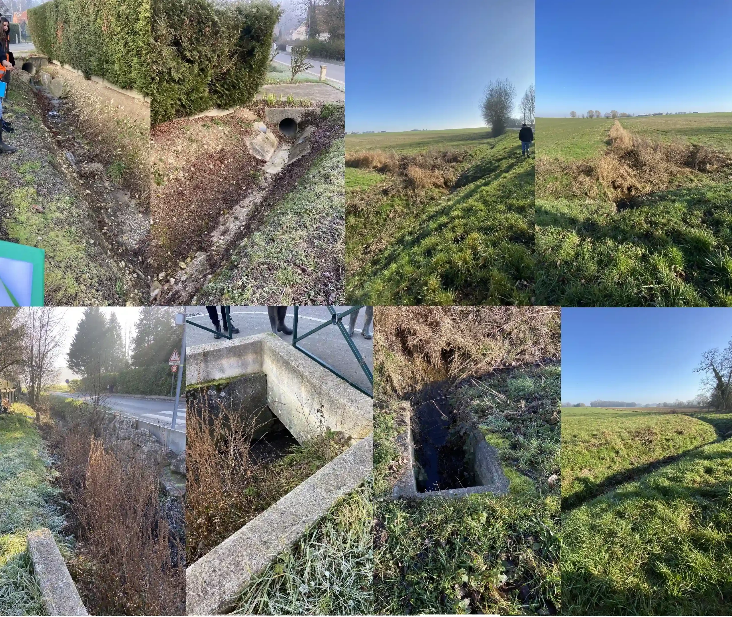 Collage de photos de fossés et canalisations en milieu rural et urbain, avec végétation et rigoles d'eau