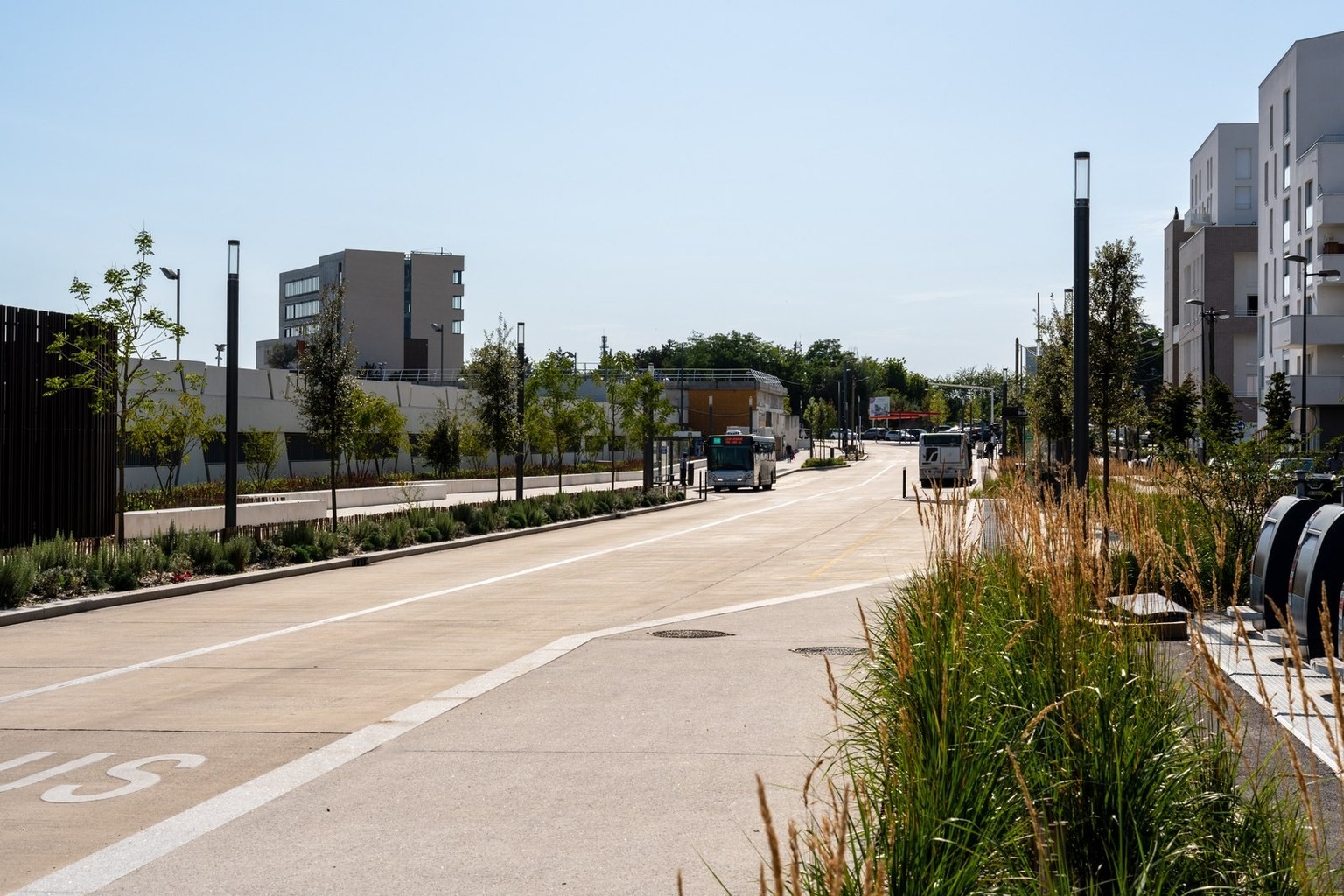 Vue d'une rue moderne avec une voie de bus dédiée, des trottoirs aménagés, de la végétation et des immeubles en arrière-plan