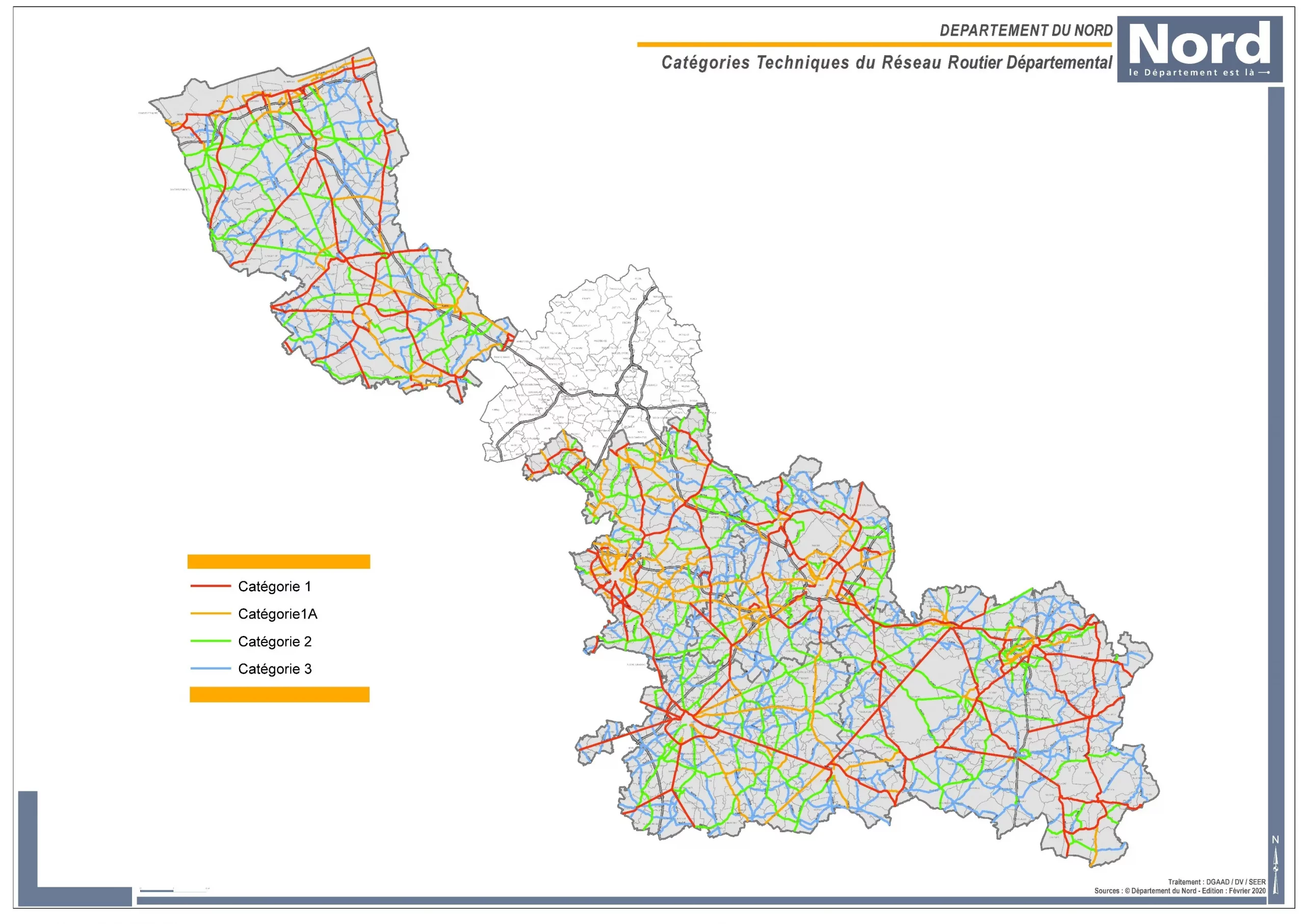 Carte des catégories techniques du réseau routier départemental du Nord, montrant différentes classifications des routes par couleur : rouge, orange, vert et bleu.