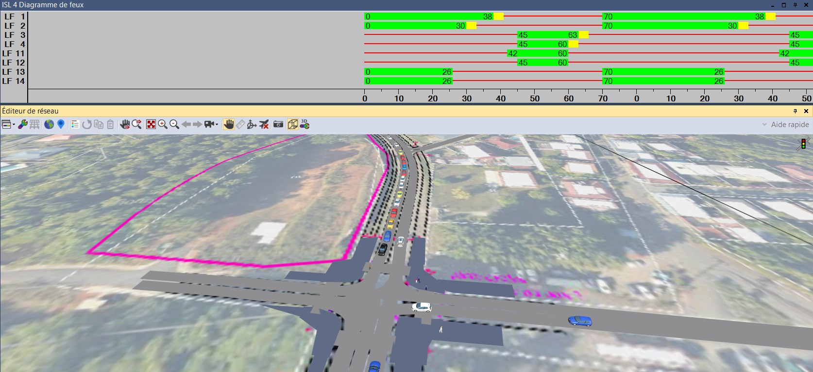 Interface d'un logiciel de simulation de trafic montrant un croisement routier avec feux de signalisation et flux de véhicules représentés par des couleurs et des lignes sur une vue en perspective aérienne