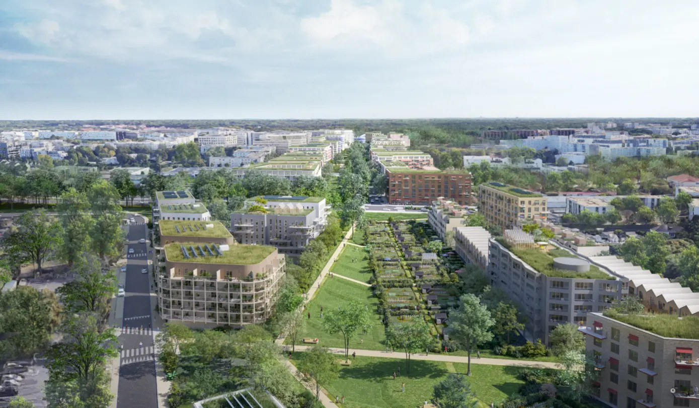 Vue aérienne d'un quartier avec des immeubles modernes, toitures végétalisées et espaces verts aménagés