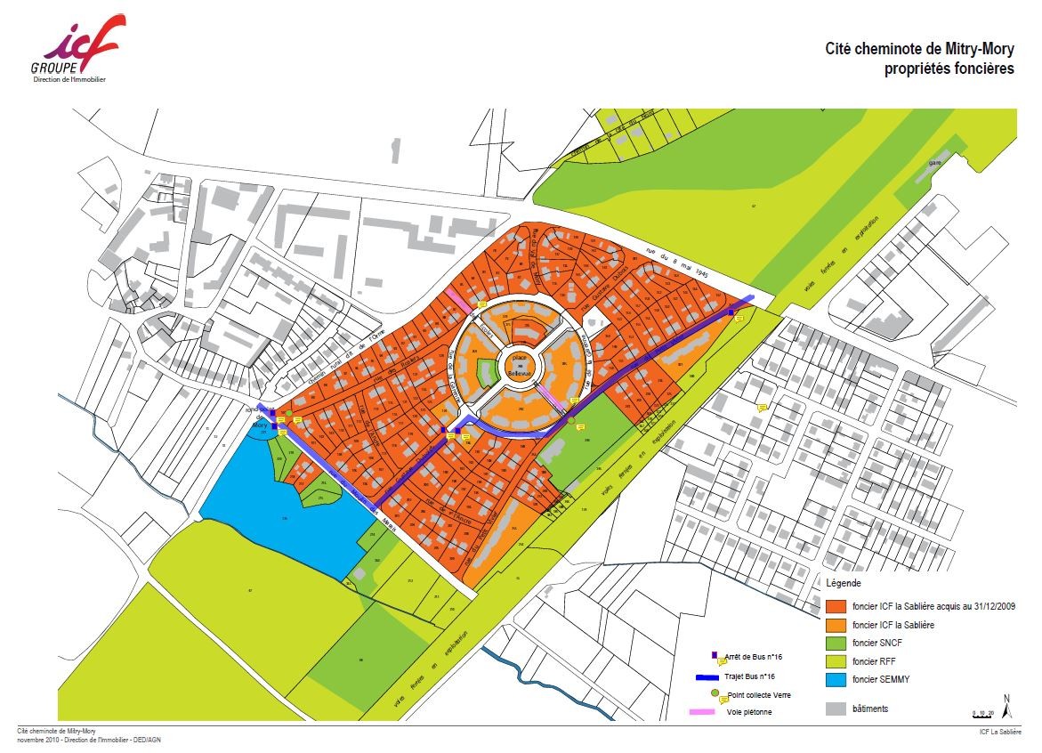 Plan présentant la répartition des propriétés foncières dans la cité cheminote de Mitry-Mory, avec les différentes zones colorées indiquant les propriétaires (ICF la Sablière, SNCF, RFF, SEMMY) et les aménagements comme les voies piétonnes, arrêts de bus et trajets.