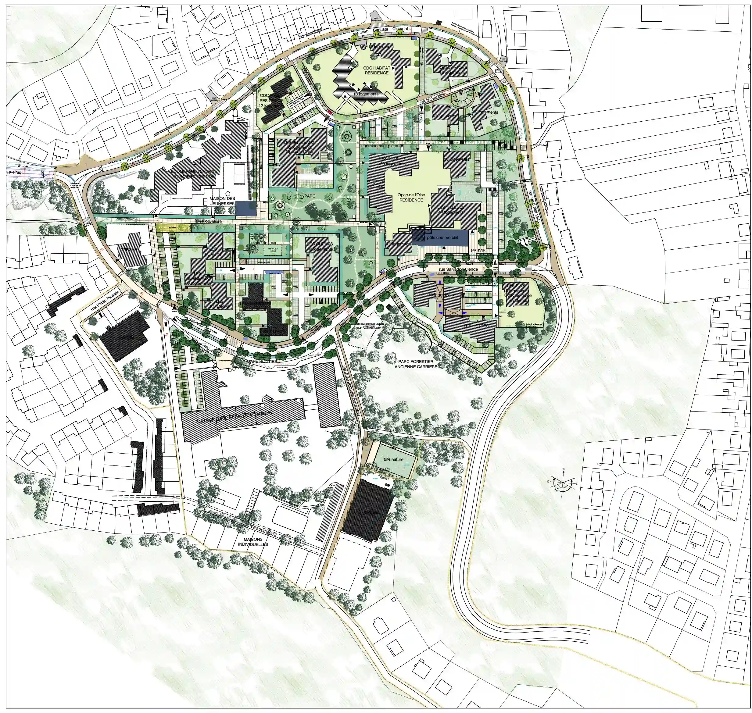 Plan de rénovation urbaine avec bâtiments, espaces verts et routes à Pont-Sainte-Maxence (Oise)