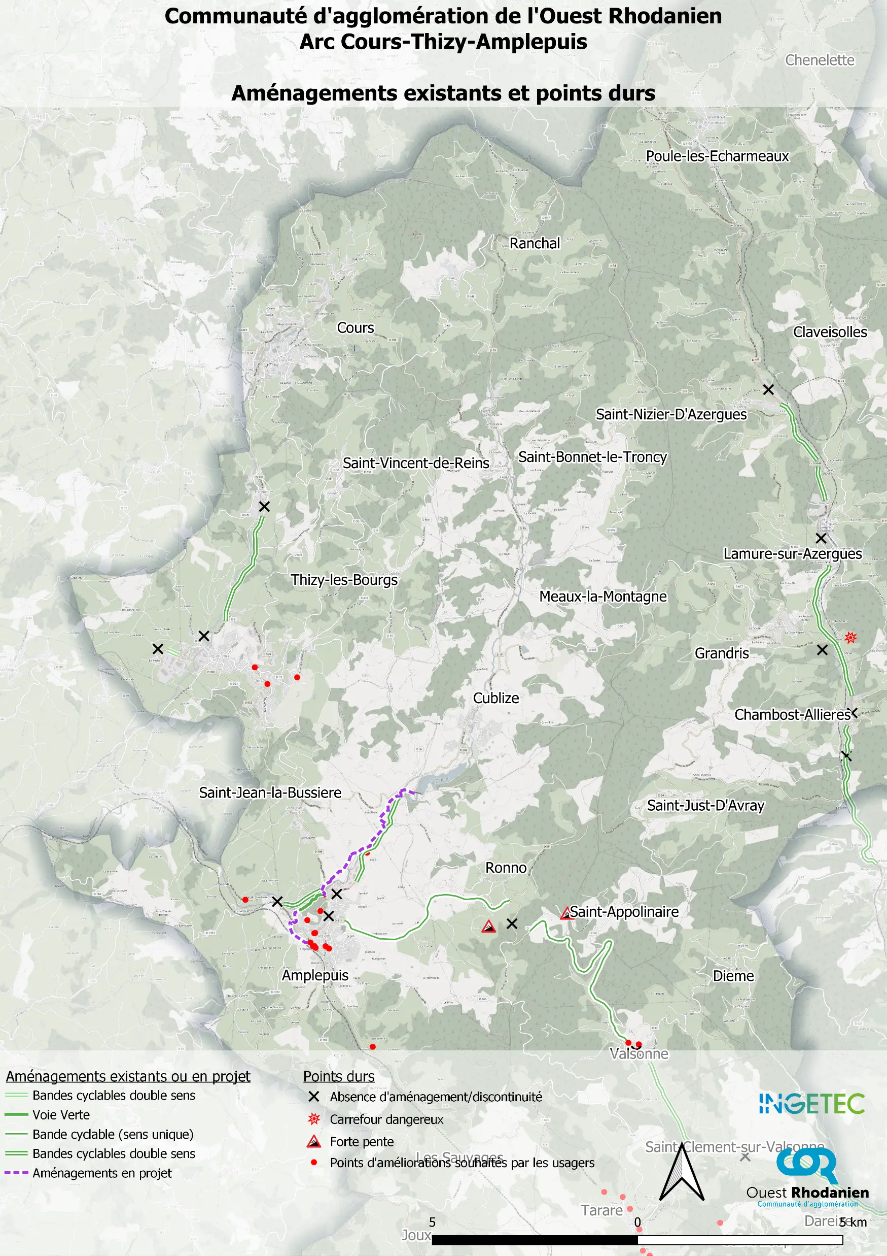 Carte de la communauté d'agglomération de l'Ouest Rhodanien montrant les aménagements cyclables existants et en projet pour l'arc Cours-Thizy-Amplepuis. Elle identifie les bandes cyclables, voies vertes et points durs, comme des carrefours dangereux, des fortes pentes, et des zones à améliorer.